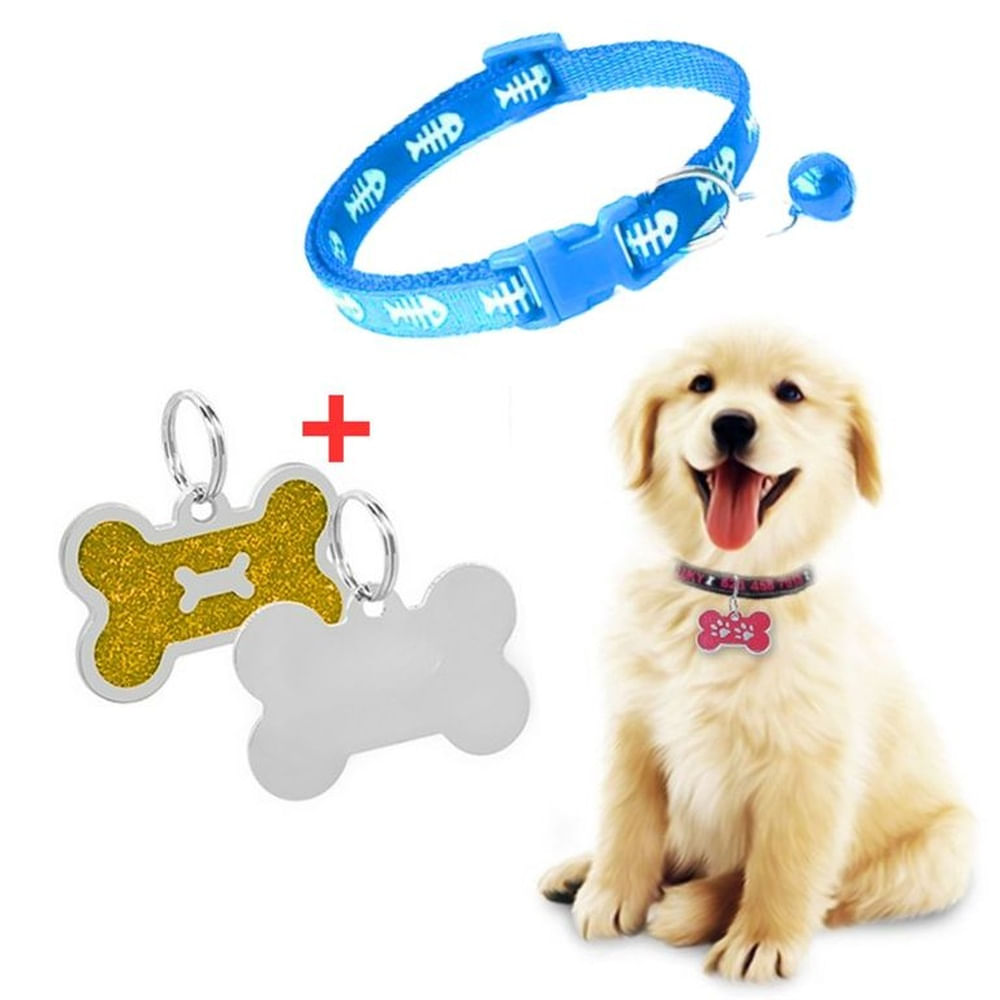 PLACA Y COLLAR PARA MASCOTAS CON CASCABEL - GOLD y CELESTE