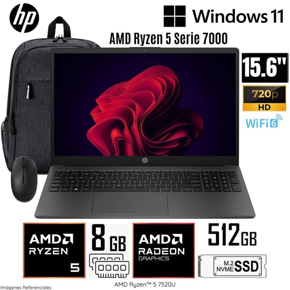 Laptop HP 255 G10 AMD Ryzen5-7520U 8GB RAM 512GB SSD 15.6  HD más Mochila y Mouse HP - A12HBLT