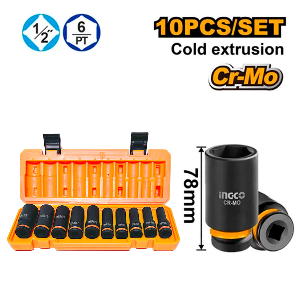 Juego Set Dados Impacto Largos Ingco HKISSD12102L 12.7mm 10 Pcs