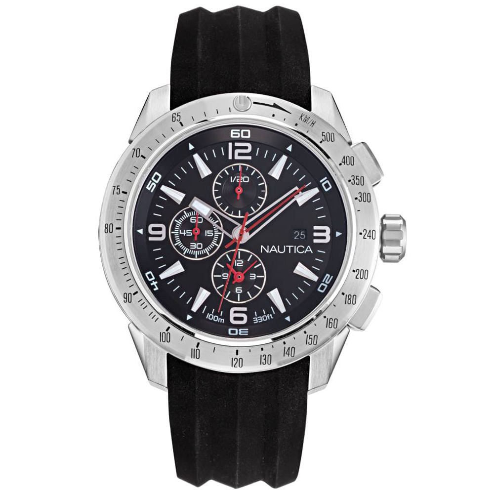 Reloj Nautica Long Beach NAPLECR15 Fecha Cronometro Acero Inoxidable Correa de Silicona y Dial Negro