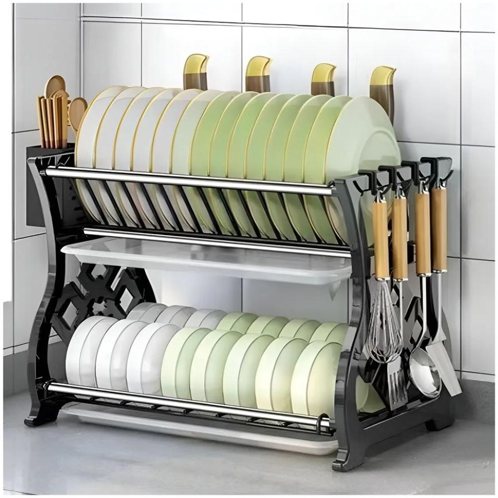 Escurridor de Platos de 2 Niveles con Porta Cubiertos y Ganchos Laterales