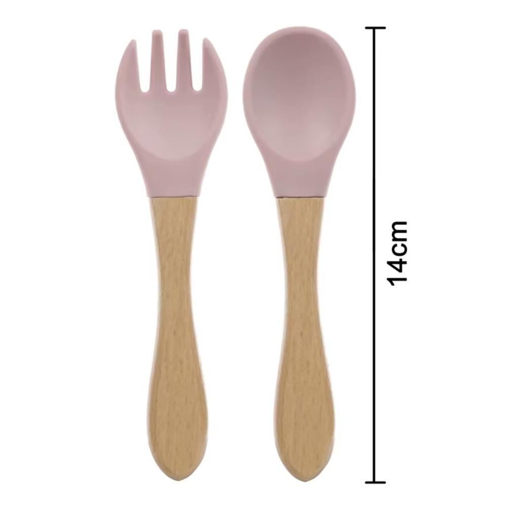 set de cuchara y tenedor de silicona con mango de madera para bebe con estuche niña
