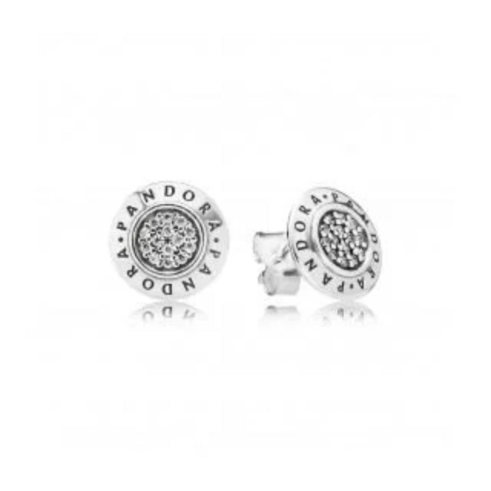 Aretes Pandora boton circulo brillante con logo plata