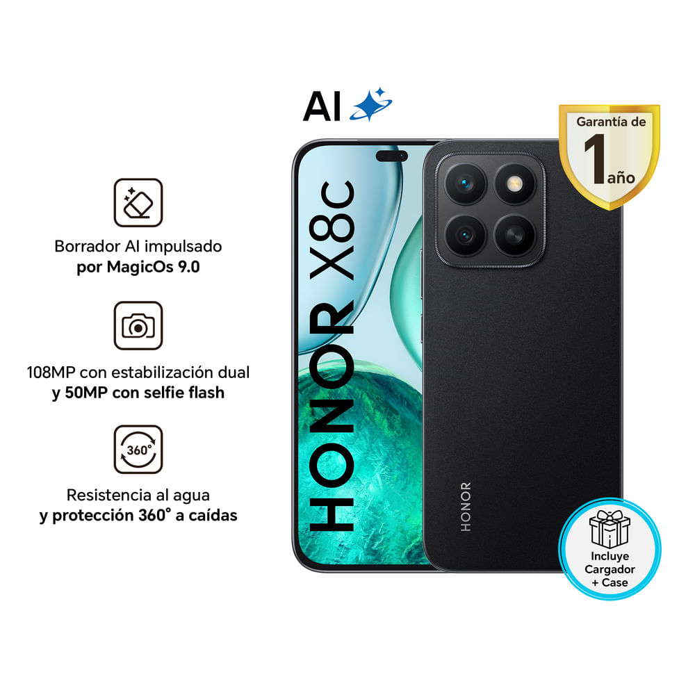 Celular 4G Honor X8C 256GB 8GB 108MP Midnight Black