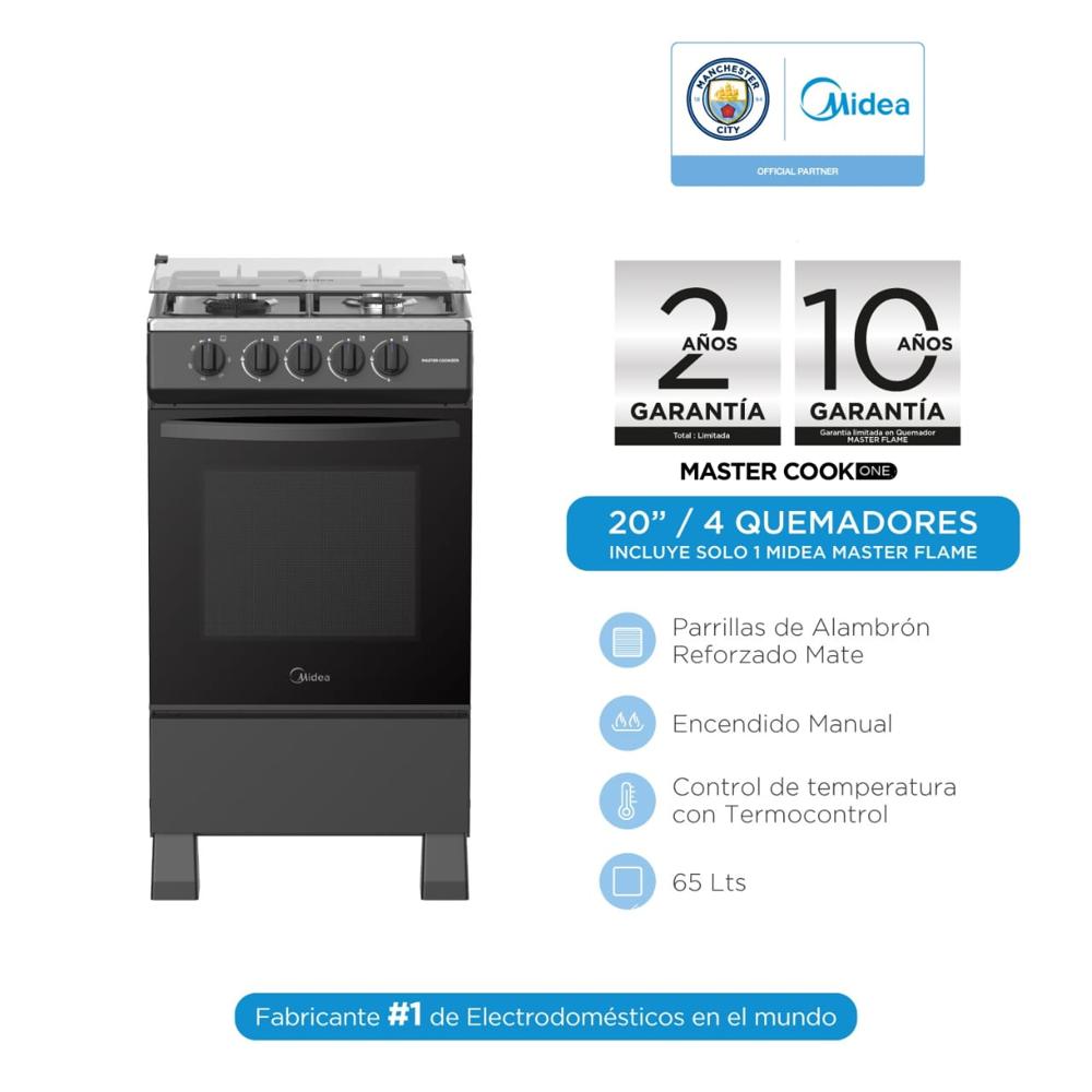 Cocina a gas Midea MGS20FS2LFAMB-PE Mastercook Plus 20'' 4 Quemadores Negra