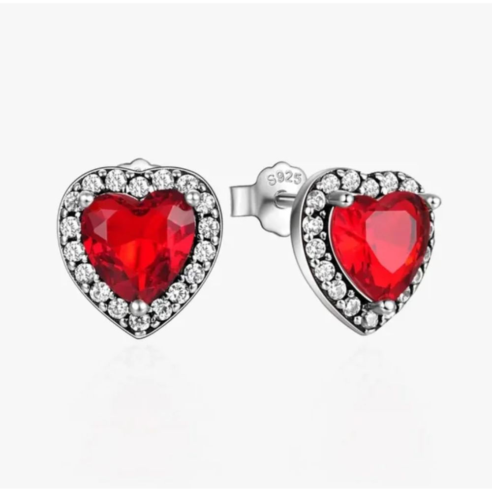 Aretes Pandora botón corazón rojo brillante rojo