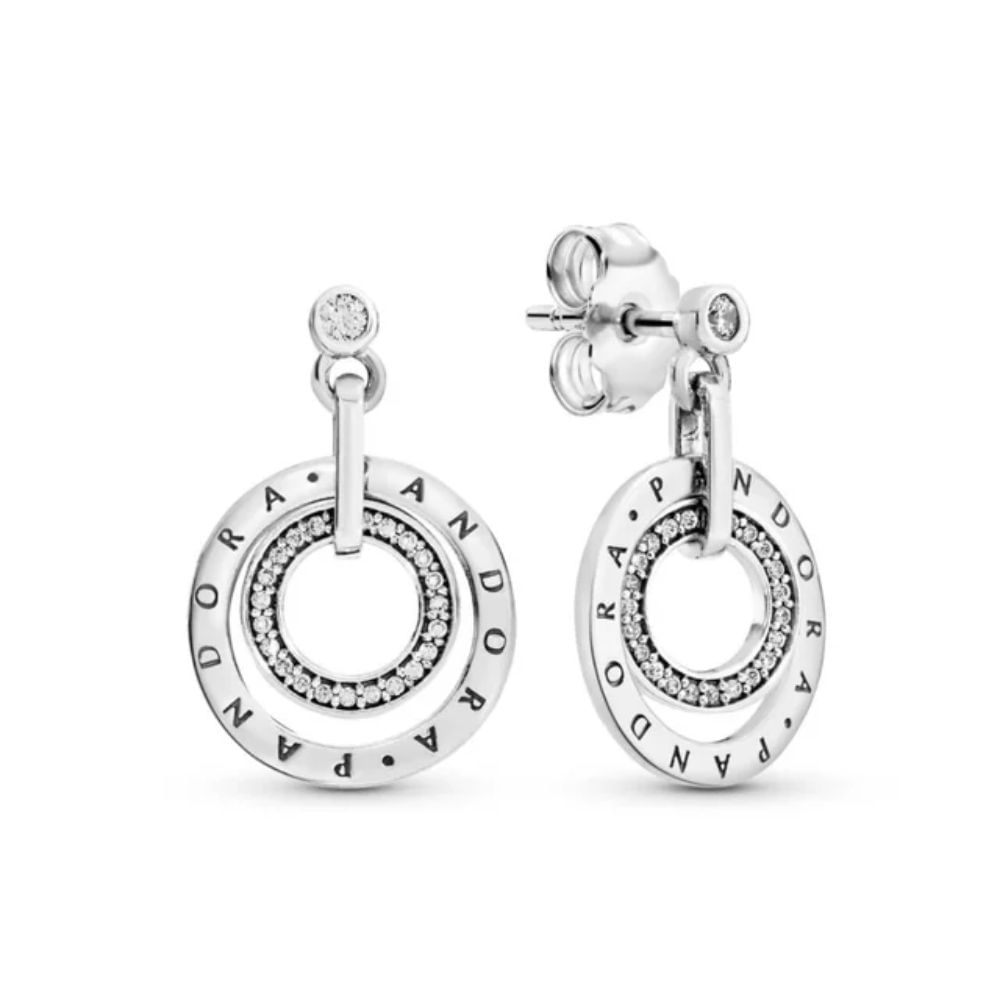 Aretes Pandora Signature circulo con logo de plata