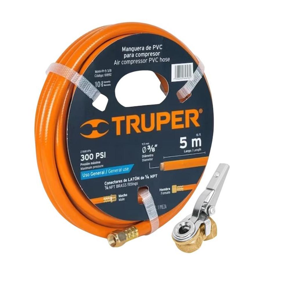 Manguera de aire 5m + Cabeza infladora llantas cclip hembra 14 Naranja