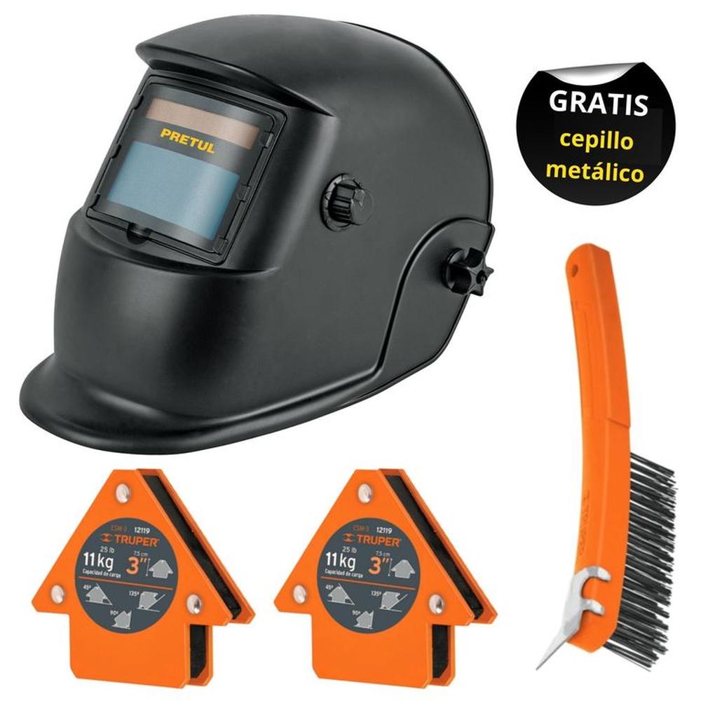 Combo Mascara de soldar fotosensible 2 escuadras magnéticas 11kg, cepillo metal naranja y negro