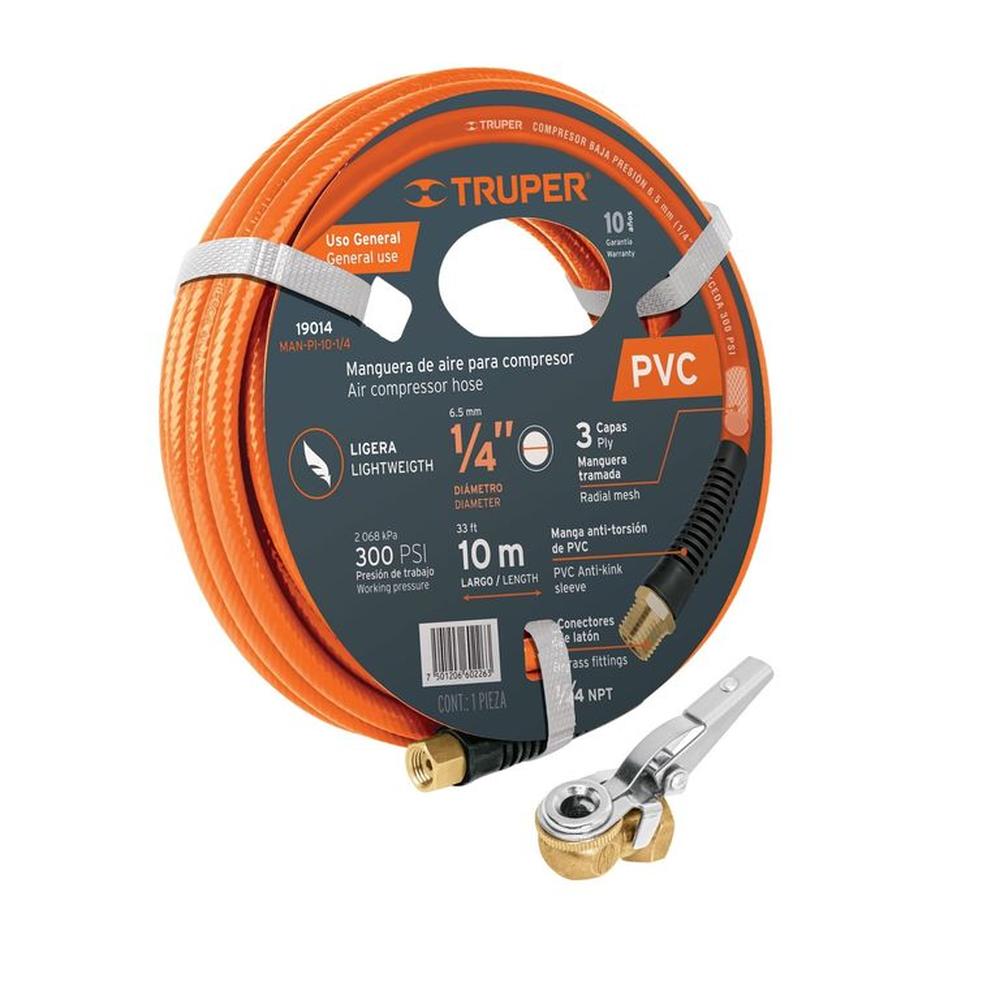 Manguera para 10m + Cabeza infladora c/clip, hembra, cuerda 1/4 Naranja