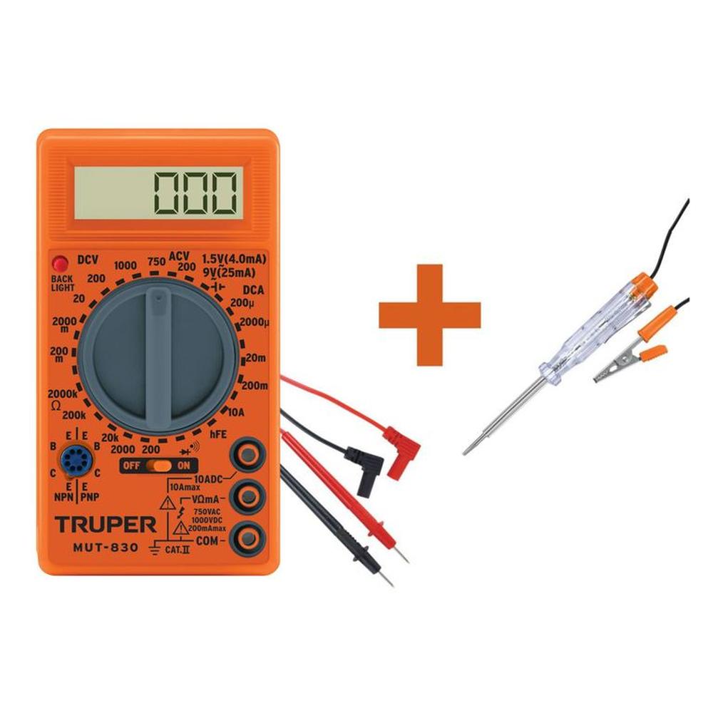 Multímetro digital +Probador de corriente circuitos 6 -12V, Truper