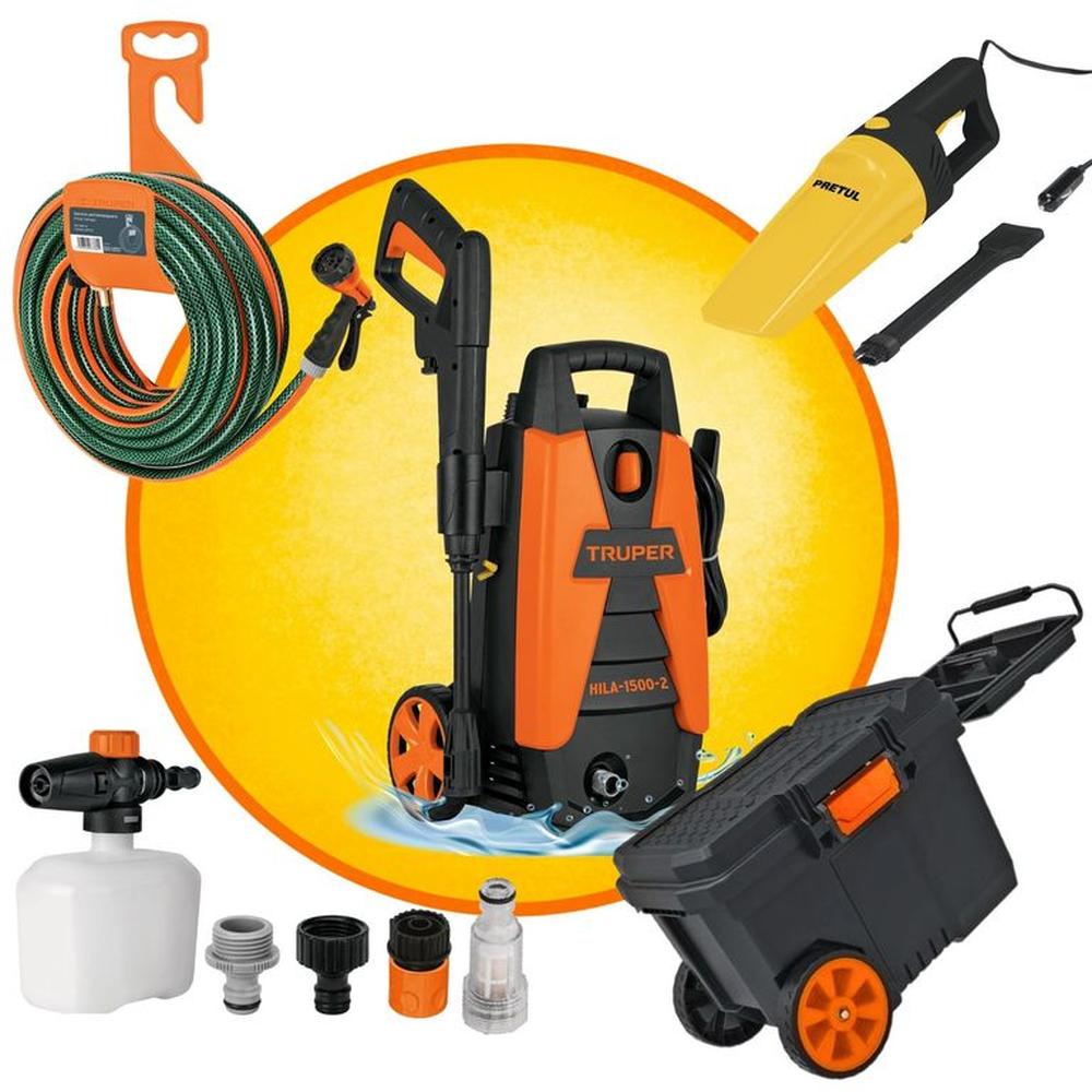 MEGACOMBO HIDROLAVADORA 1500PSI MANGUERA ASPIRADORA CAJA CON RUEDA
