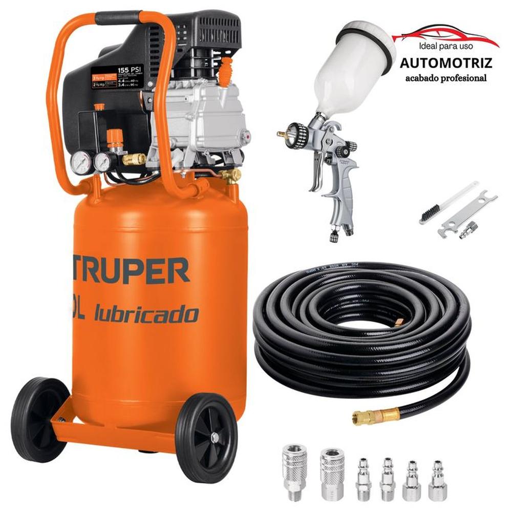 kit Compresora de aire 50L vertical Pistola para pintar manguera 15m Naranja