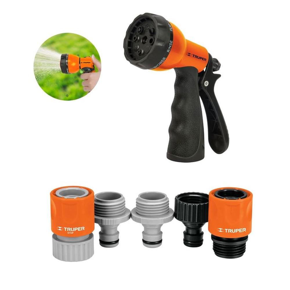 kit pistola de riego 8 funciones 5 conectores rapidos clik Truper Naranja