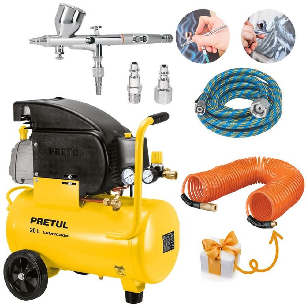 kit aerógrafo de gravedad compresora 20L manguera conectores Truper Amarillo