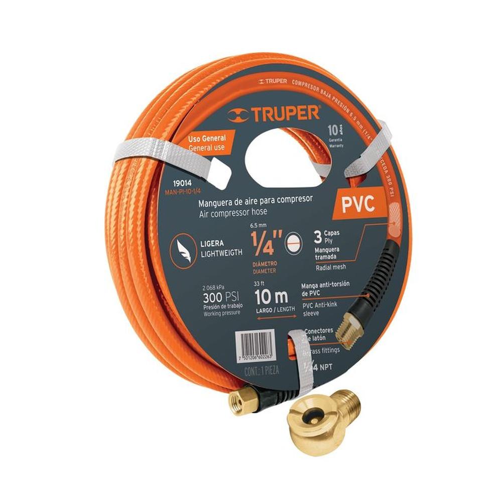 Manguera para compresora 10m + Cabeza infladora macho cuerda 14 Naranja