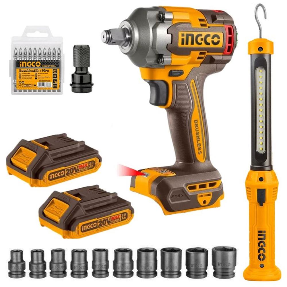 LLAVE DE IMPACTO INALAMBRICO 20V BRUSHLESS, LAMPARA MAGNETICA 10 DADOS Amarillo