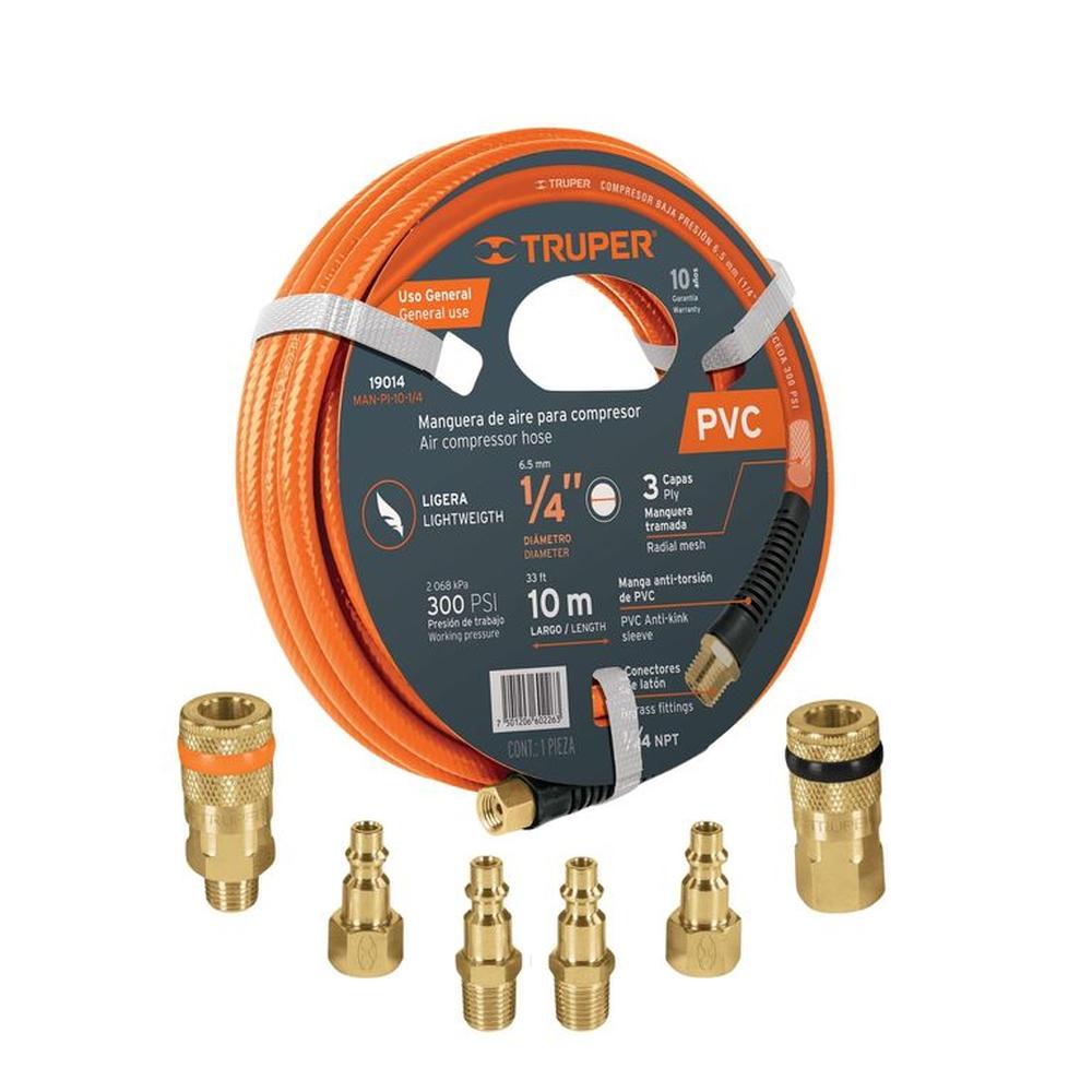 Manguera para comprensora + 4 conectores + 2 coples de latón Truper Naranja