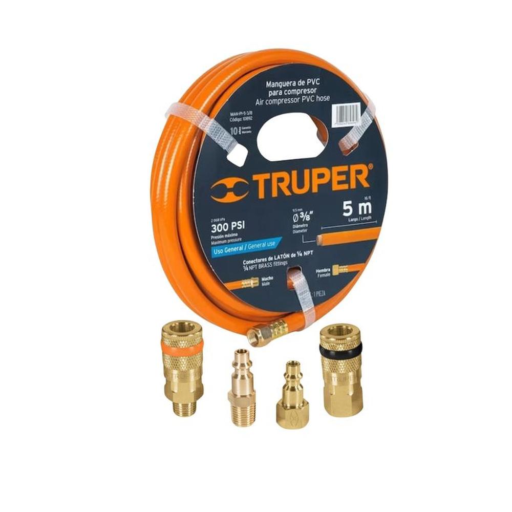 Manguera de aire 5m + 2 conectores rápidos + 2 coples Truper Naranja