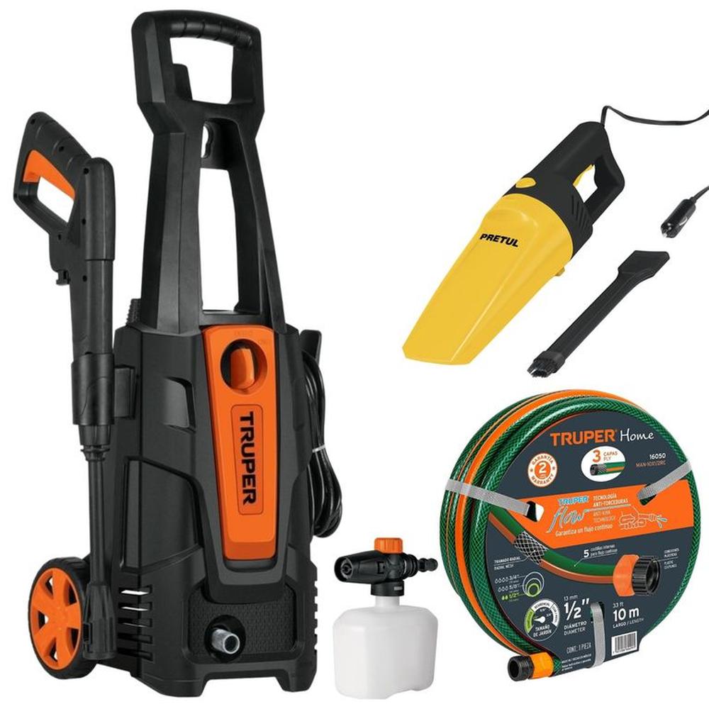 Combo hidrolavadora 1800PSI, Aspiradora 12V, manguera de 10m TRUPER