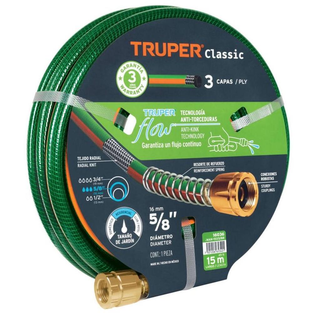 Manguera de riego 5/8"" reforzada 3 capas 15 m conexiones de metal