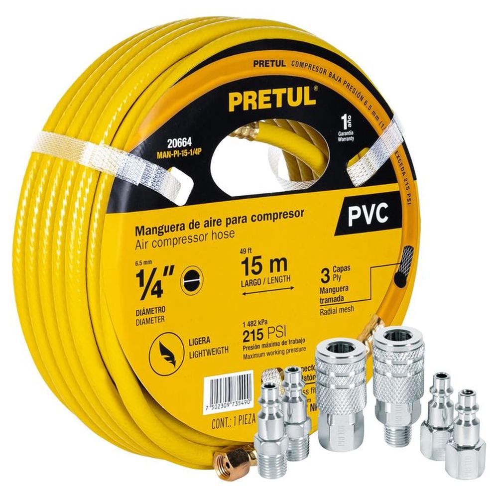 Kit Manguera de aire para compresor, 15m Pretul, 6 conectores rápidos.