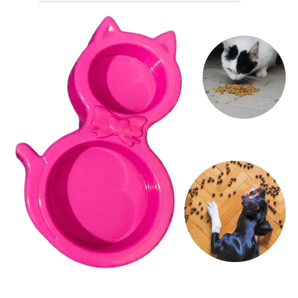 PLATO DOBLE PARA MASCOTA FORMA DE GATO - ROSADO ROJO PLATO DOBLE PARA MASCOTA FORMA DE GATO - ROSADO ROJO