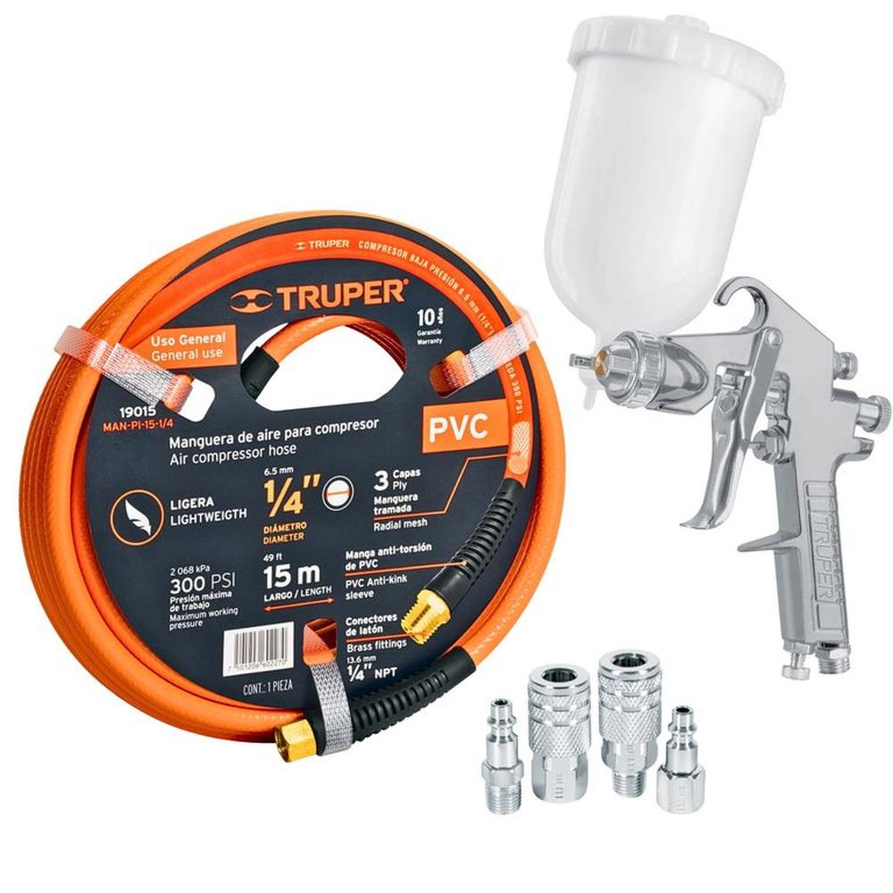 kit Pistola de aire para pintar profesional manguera 15m conectores Blanco