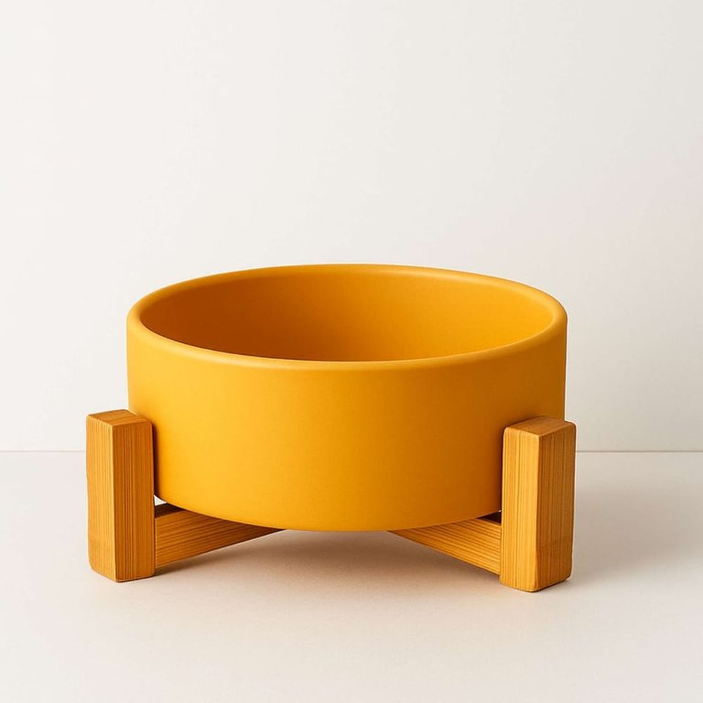 EcoPet Bowl Plato de Cerámica con Base de Madera Amarillo EcoPet Bowl Plato de Cerámica con Base de Madera Amarillo