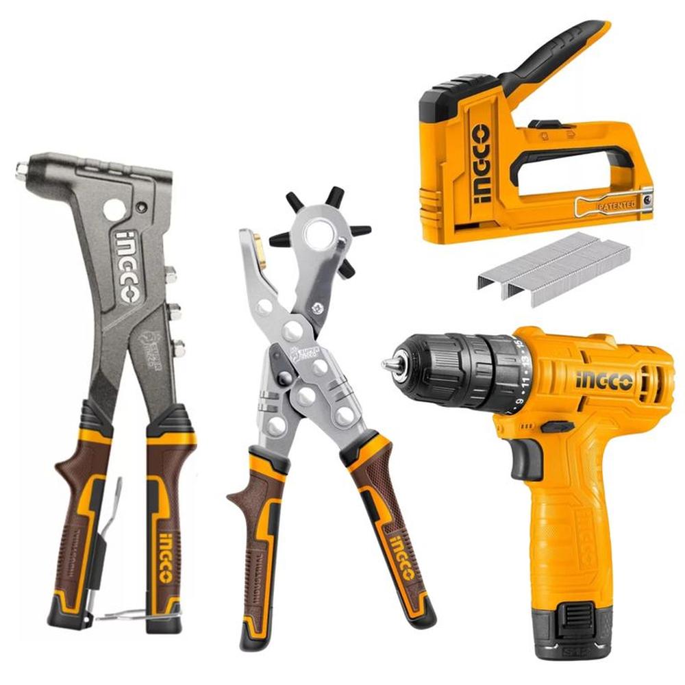 Taladro + Remachadora alicate sacabocado + Engrapadora clavadora