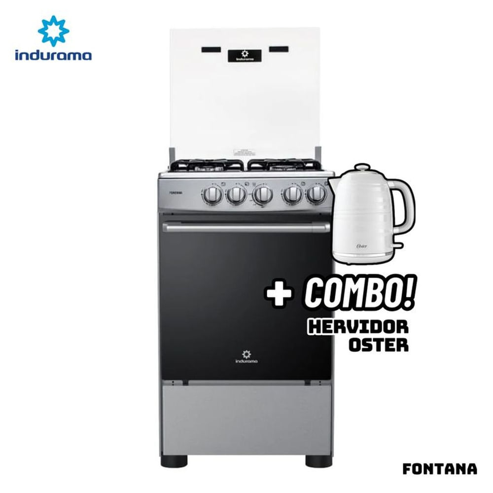 COCINA DE PIE INDURAMA A GAS 4 HORNILLAS - FONTANA + HERVIDOR OSTER BLANCO