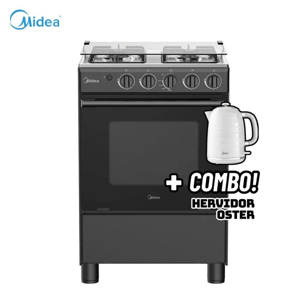 COCINA DE PIE MIDEA A GAS 4 HORNILLAS NEGRO - MGS24FS2LFABBC-PE + HERVIDOR OSTER BLANCO