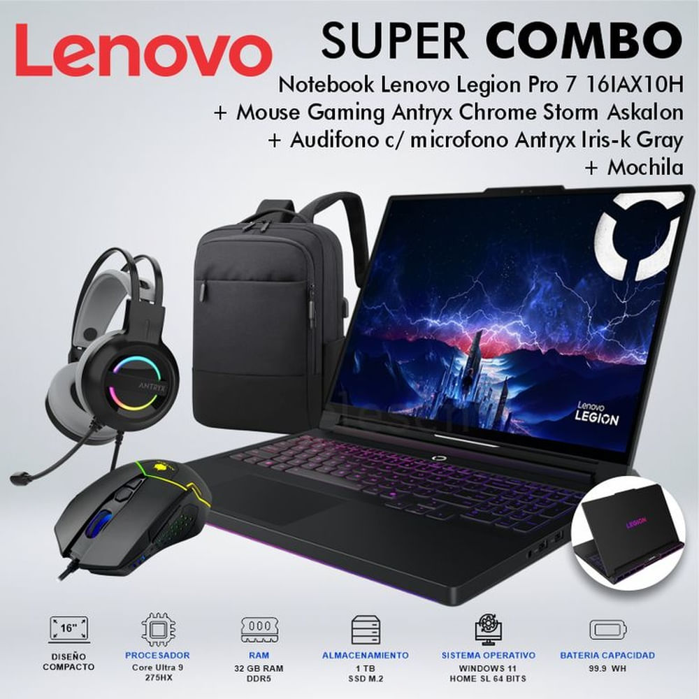LAPTOP LEGION PRO 7 16IAX10H WQXGA OLED INTEL ULTRA 9 275HX MEMORIA 32GB DISCO 1TB M.2