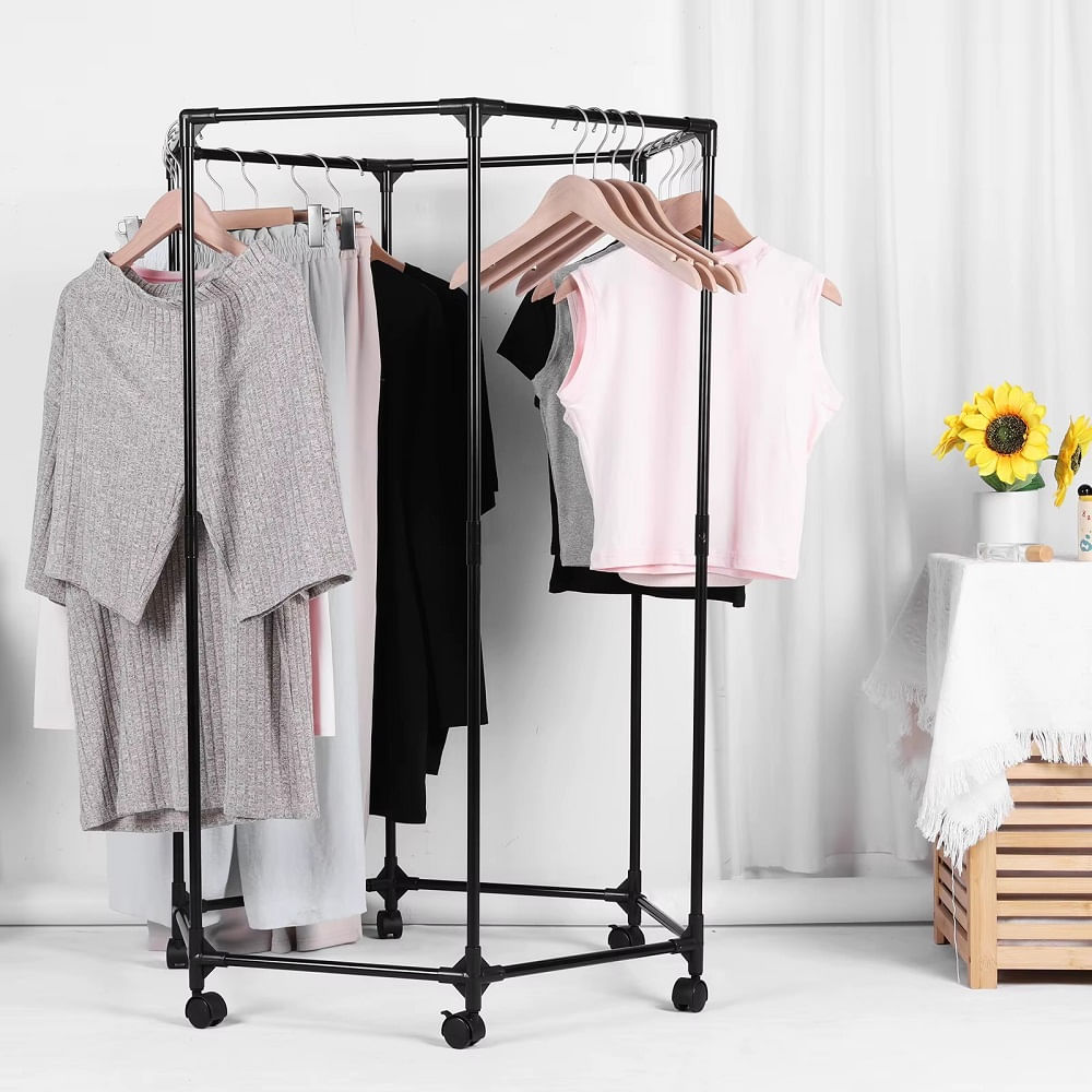 Estante de Ropa Giratorio Hexagonal con Ruedas Organizador de Metal Negro