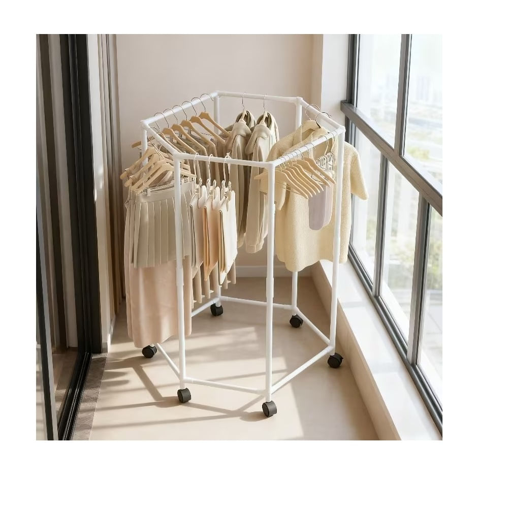 Estante de Ropa Giratorio Hexagonal con Ruedas Organizador de Metal Beige