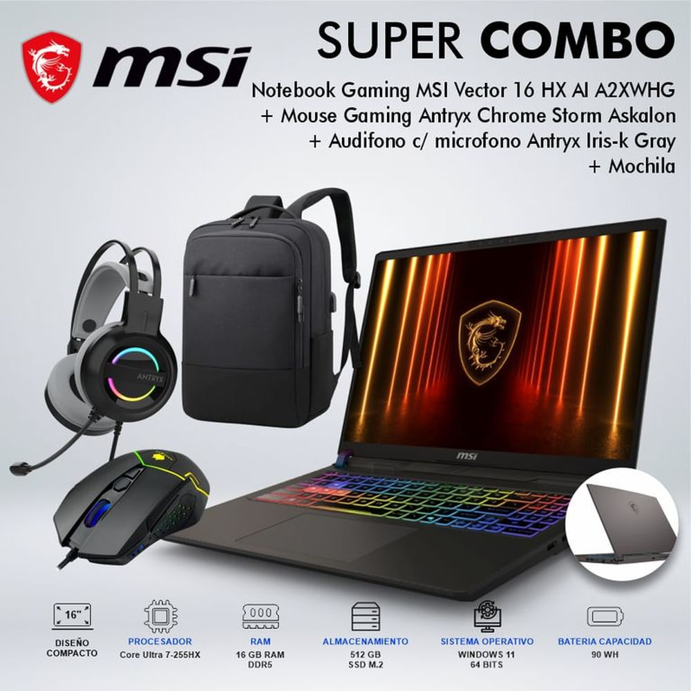 LAPTOP GAMING MSI VECTOR 16 HX AI A2XWHG CORE ULTRA 7-255HX MEMORIA 16GB DISCO 512GB