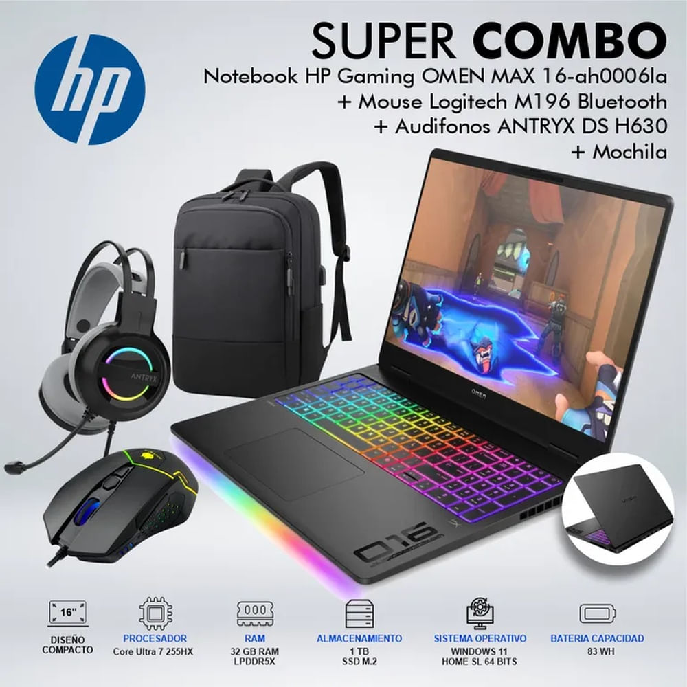 LAPTOP HP GAMING OMEN MAX 16-AH0006LA CORE ULTRA 7 255HX MEMORIA 32GB DISCO 1TB