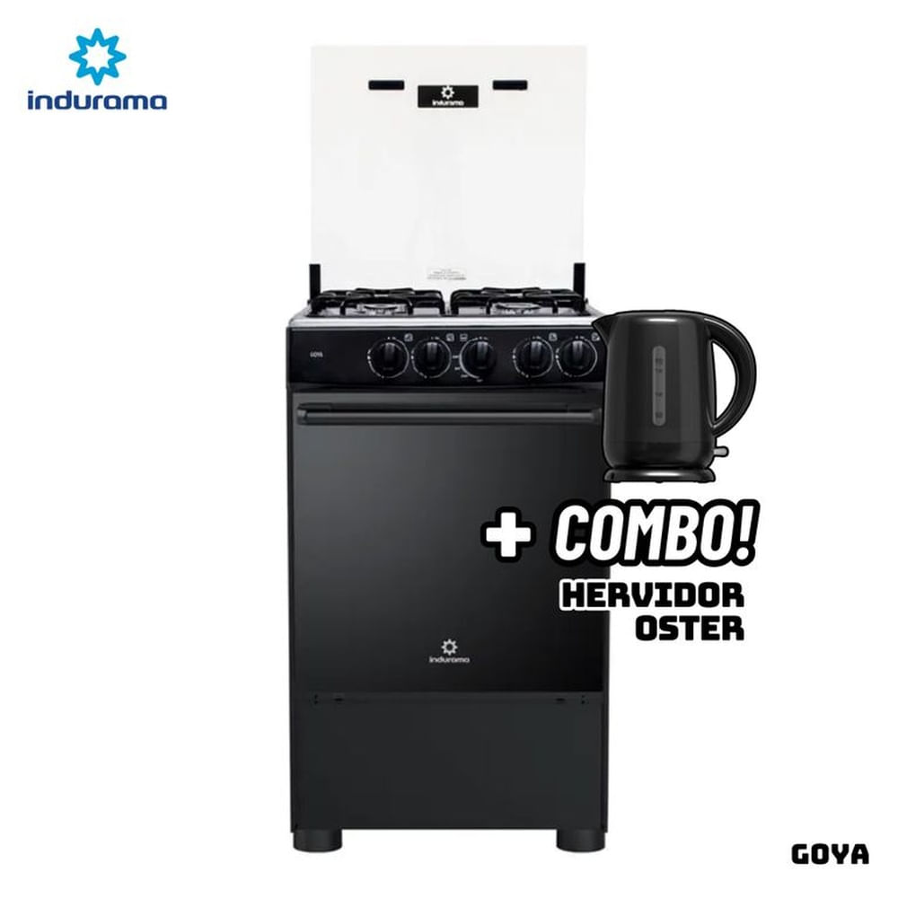 COCINA DE PIE INDURAMA A GAS 4 HORNILLAS - GOYA + HERVIDOR OSTER NEGRO