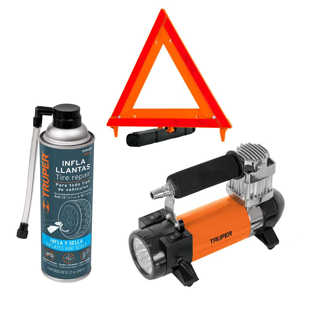 Sellador de Neumáticos 12oz Auto 10940 y Triángulo Vial 44cm 10942 y Compresora de Aire Portátil