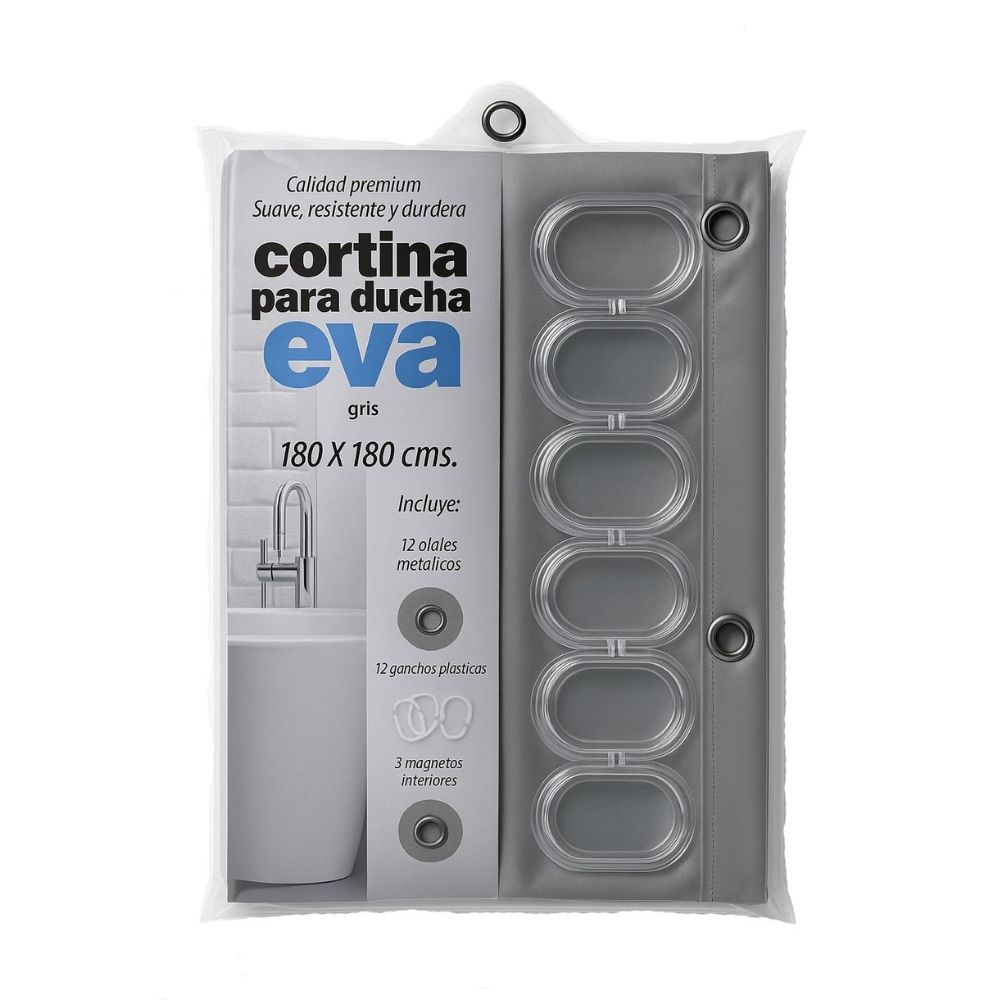 Cortina Eva Gris para baño con 12 ganchos DPM