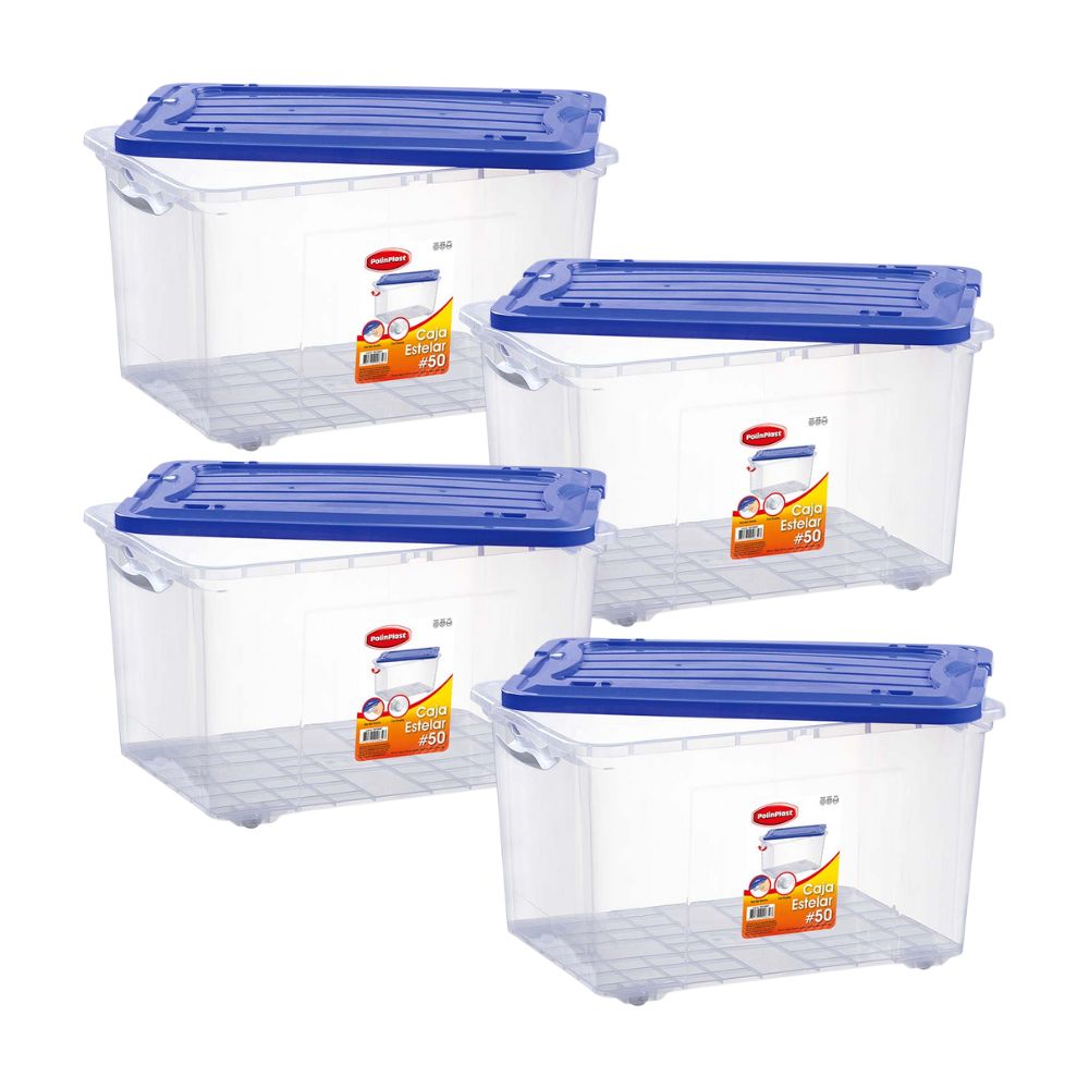 Combo Polinplast: 4 Cajas estelar con tapa y ruedas #50 - con Tapa Color Aleatorio