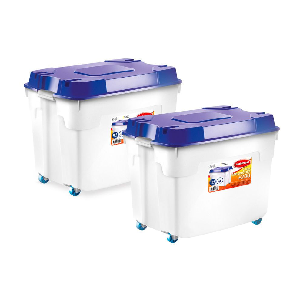 Combo Polinplast: 2 Cajas Organizadora Mega #200 Azul 164 litros con Ruedas