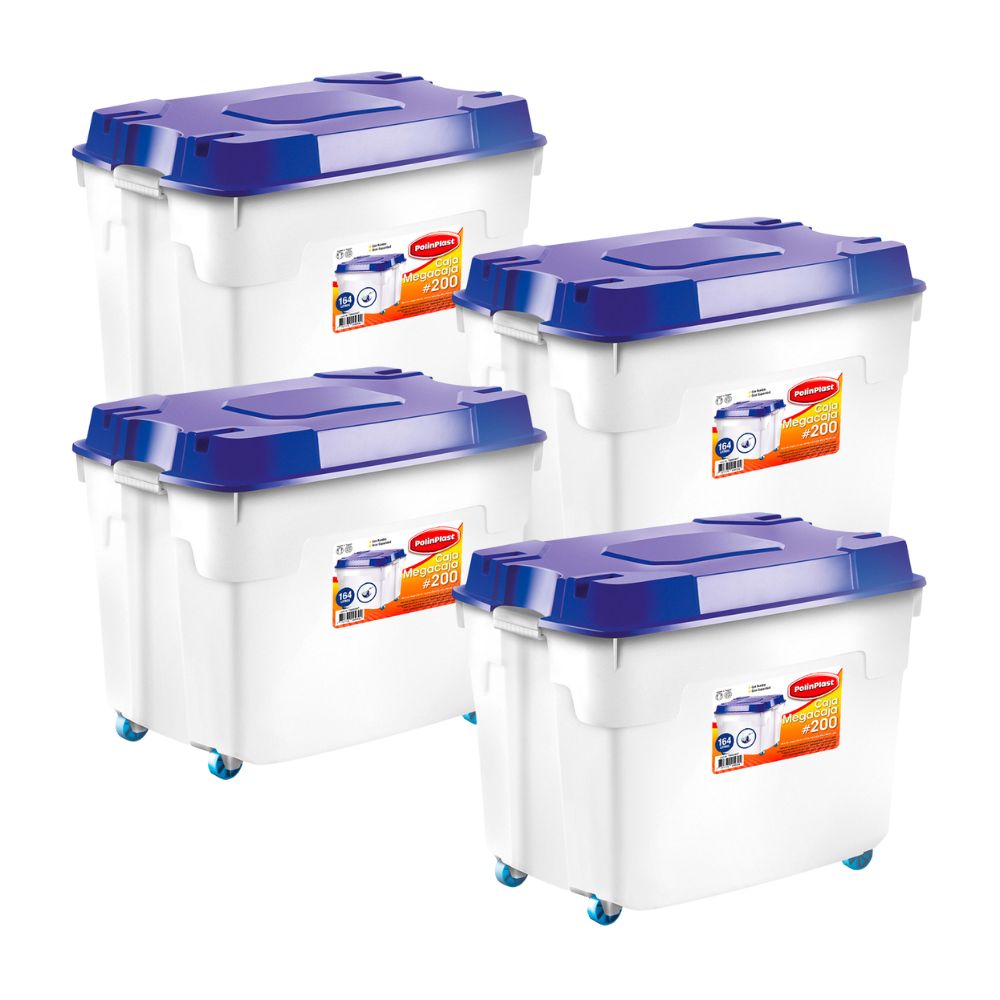 Combo Polinplast: 4 Cajas Organizadora Mega #200 Azul 164 litros con Ruedas