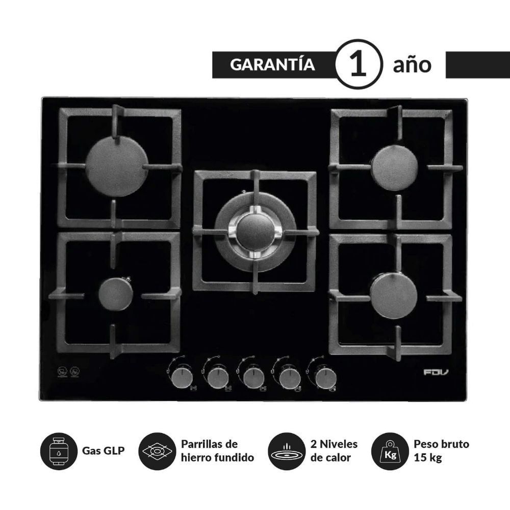 Cocina Encimera a Gas 60cm FDV Black 70 4 Hornillas