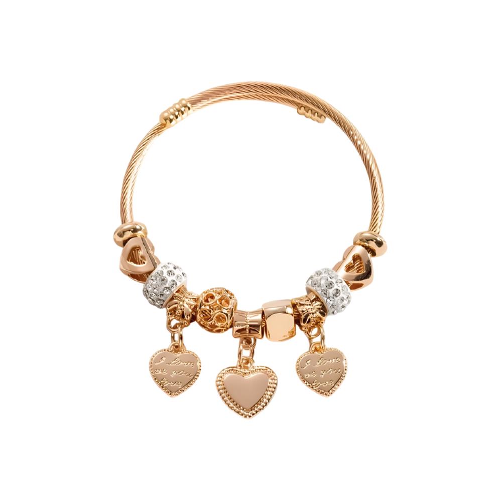 Pulsera Brazalete Corazones y Cuentas Brillantes Dor. Ajus.
