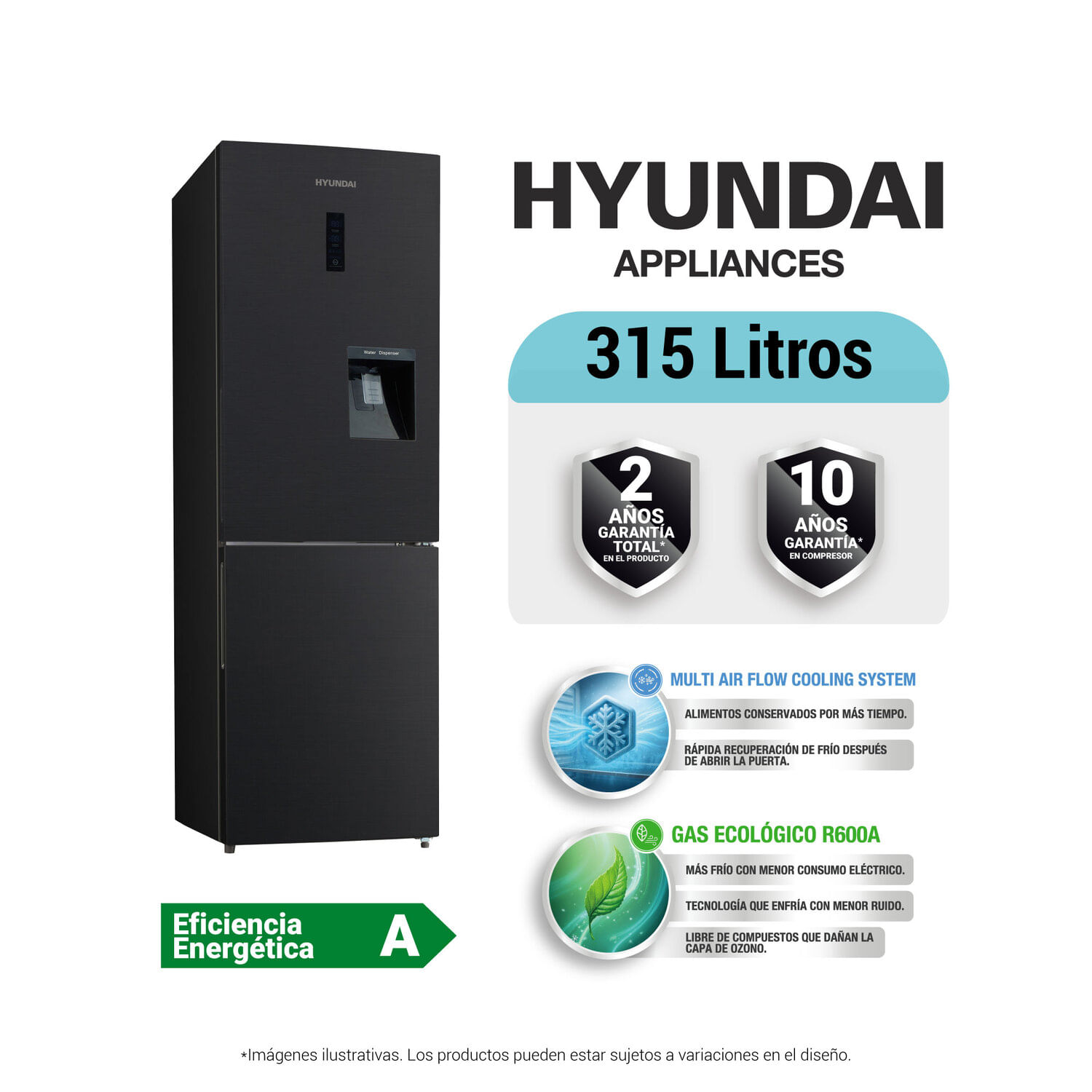Refrigeradora Hyundai 315 L No frost HYRF315BMNF Bottom Freezer Negro