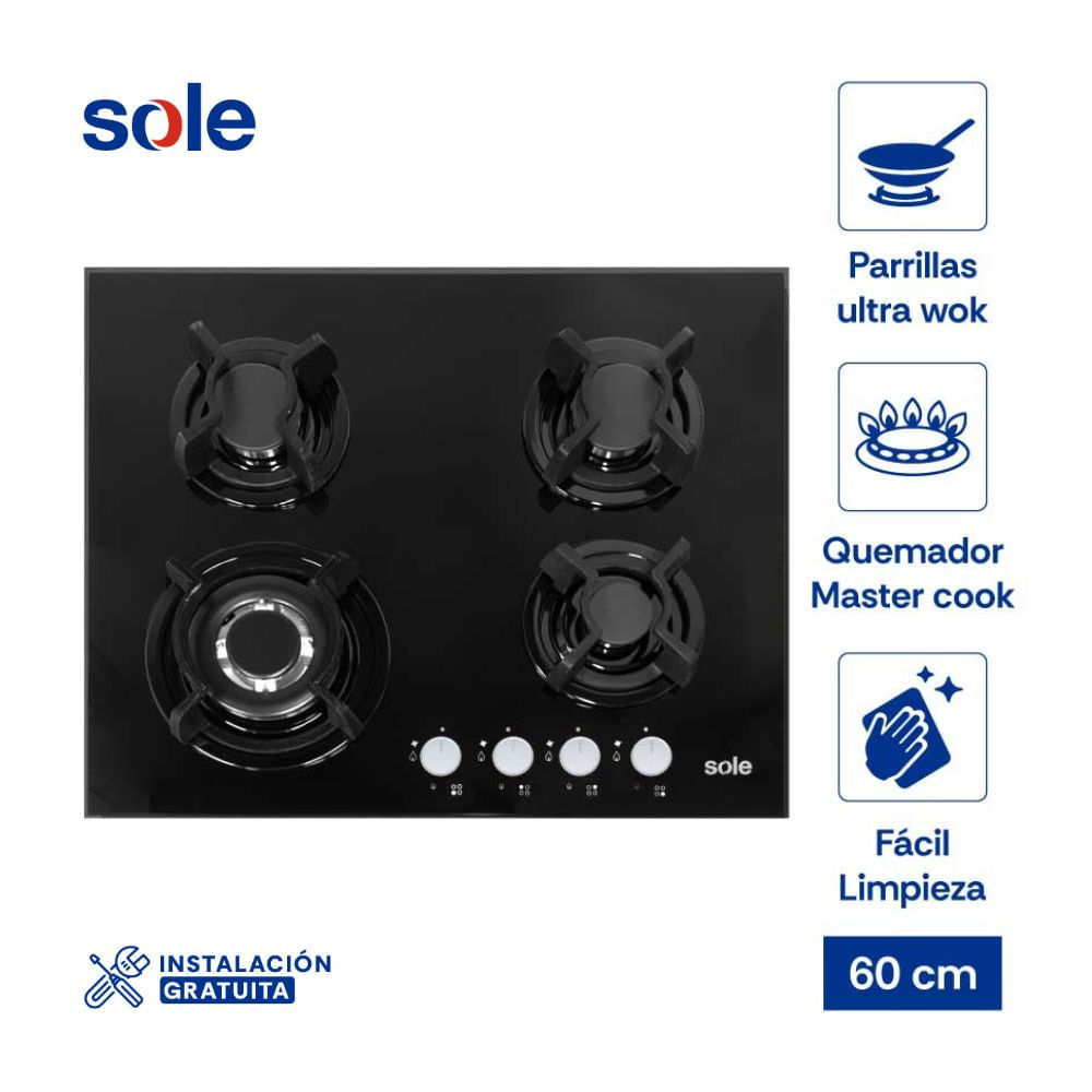 Cocina Encimera Vidrio Templado 60cm 4 Hornillas Sole SOLCO034 Negro