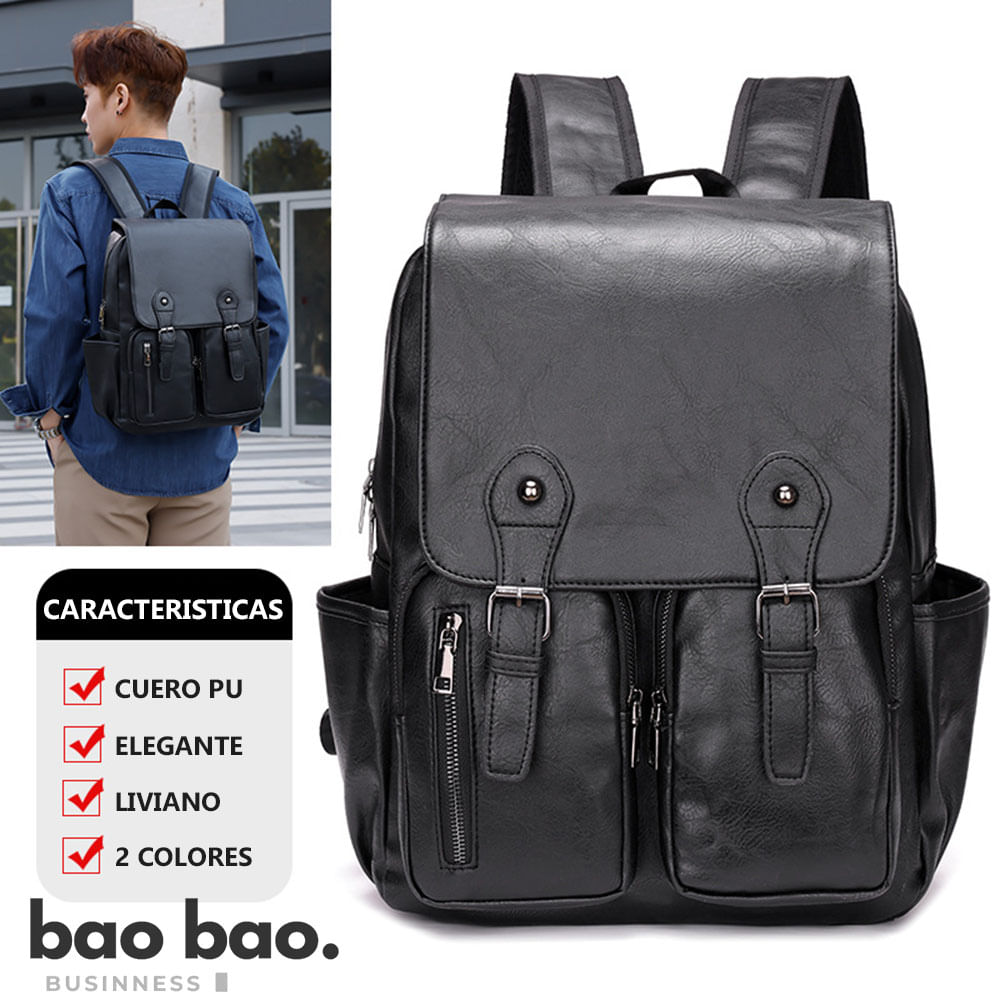 MOCHILA DE CUERO PARA HOMBRE NEGRA  MODA ELEGANTE CASUAL