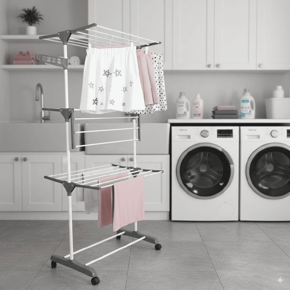 Tendedero de Ropa Multifuncional 4 Niveles Plegable con Ruedas Gris