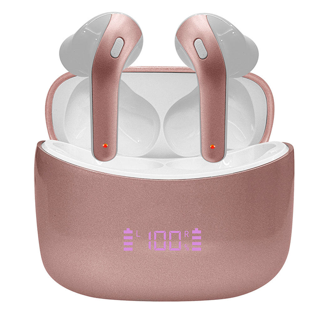 Audífonos inalámbricos TEROS TE-8074GR Bluetooth TWS con estuche de carga rosa dorado